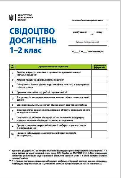 Свідоцтво досягнень учня/учениці 1-2 класи НУШ Вид-во: Ранок Свідоцтво досягнень учня/учениці 1-2 класи НУШ Вид-во: Ранок