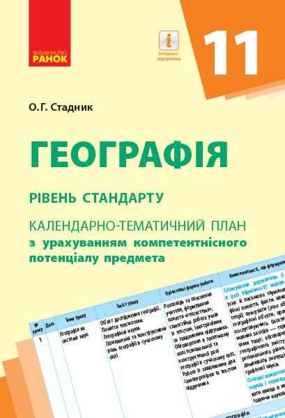 Календарно-тематичне планування Географія 11 клас Рівень стандарту Стадник О. Ранок
