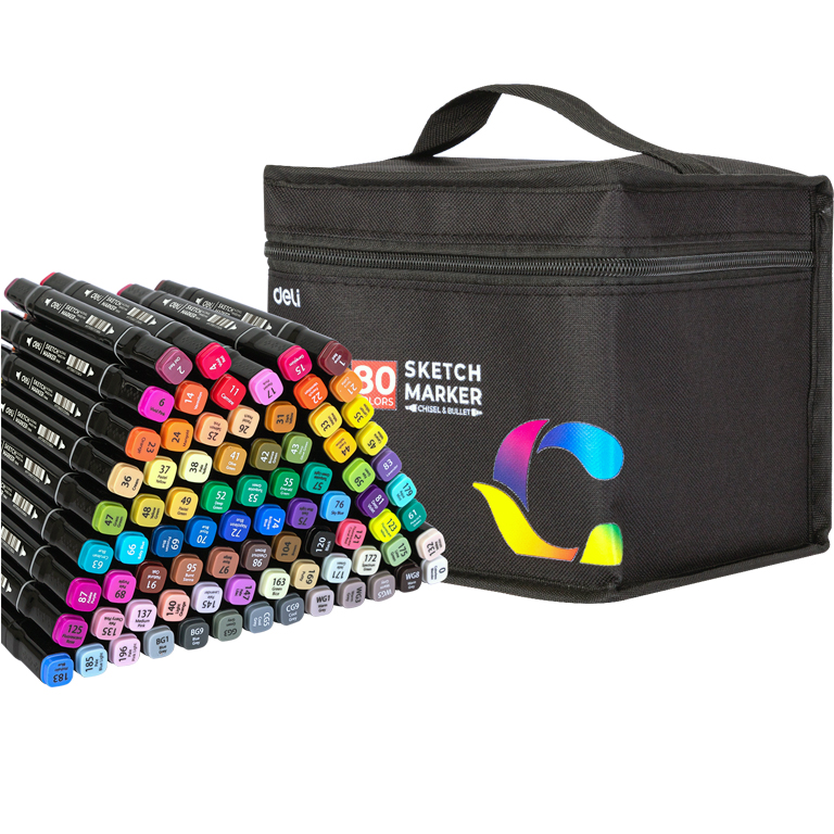 Скетч-маркери Deli 80кол 1мм/7мм двостороннi, квадратний корпус, тканева сумка - фото 1