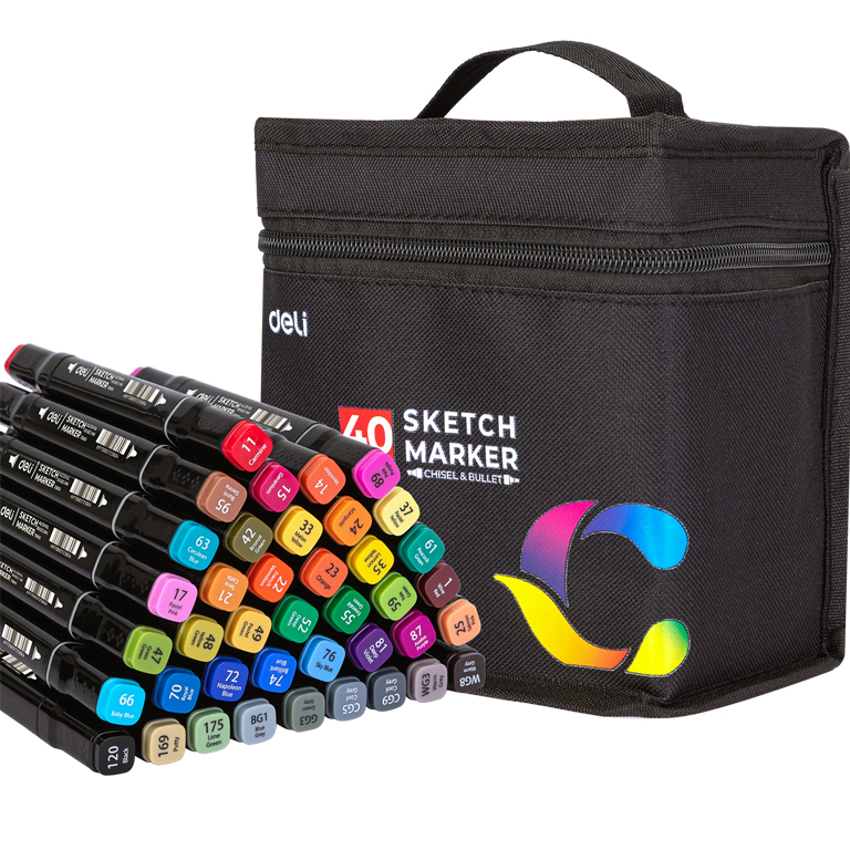 Скетч маркери Deli 40кол 1мм/7мм двостороннi, квадратний корпус, тканева сумка - фото 1