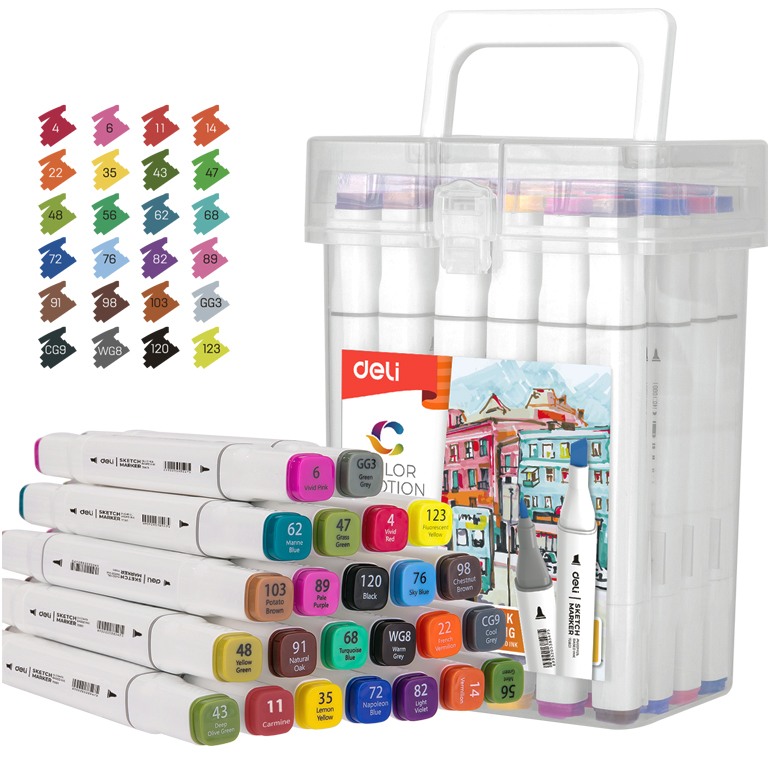 Скетч маркери Deli 24кол 1мм/7мм двостороннi, квадратний корпус, пластиковий бокс - фото 1