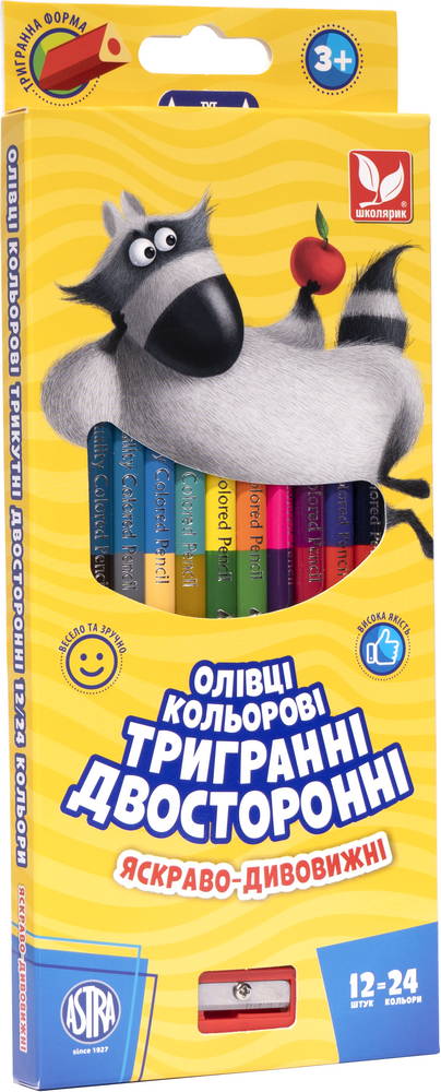 Олівці кольорові тригранні двосторонні + чинка - 24 кольори (12 шт.) - фото 1